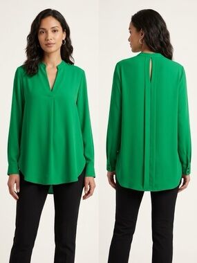 Emerald Green Notch V-Neck Tunic Blouse Keyhole Back Top Size L/XL
